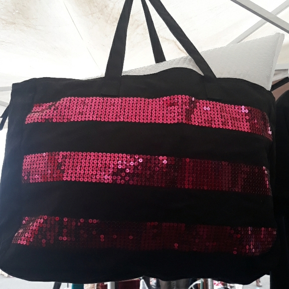 Victoria secret tote black w/ hot pink sequins - Picture 2 of 2